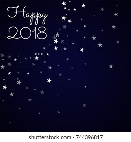Random falling stars Happy 2018 greeting card on deep blue background. Charming vector illustration.