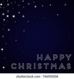 Random falling stars Happy Christmas greeting card on deep blue background. Delightful vector illustration.
