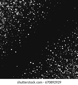 Random falling white dots. Abstract chaotic scatter with random falling white dots on black background. Vector illustration.