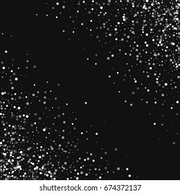 Random falling white dots. Abstract chaotic mess on black background. Vector illustration.