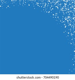 Random falling white dots. Abstract right top corner on blue background. Vector illustration.