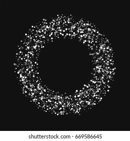 Random falling white dots. Bagel frame with random falling white dots on black background. Vector illustration.