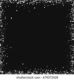 Random falling white dots. Chaotic frame on black background. Vector illustration.