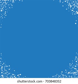 Random falling white dots. Corners on blue background. Vector illustration.