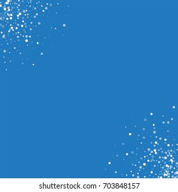 Random falling white dots. Frame corners on blue background. Vector illustration.