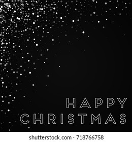 Random falling white dots Happy Christmas greeting card on black background. Delightful vector illustration.