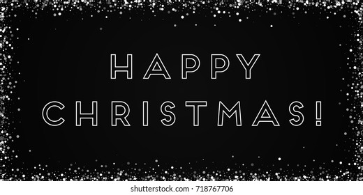 Random falling white dots Happy Christmas greeting card on black background. Marvelous vector illustration.