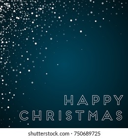 Random falling white dots Happy Christmas greeting card on blue background. Delightful vector illustration.