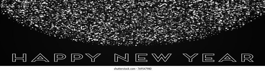 Random falling white dots Happy New Year greeting card on black background. Radiant vector illustration.