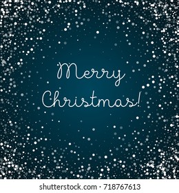 Random falling white dots Merry Christmas greeting card on blue background. Unusual vector illustration.
