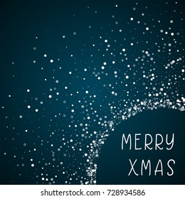 Random falling white dots Merry Xmas greeting card on blue background. Amazing vector illustration.