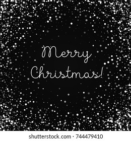 Random falling white dots Merry Christmas greeting card on black background. Unusual vector illustration.