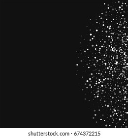 Random falling white dots. Right semicircle on black background. Vector illustration.