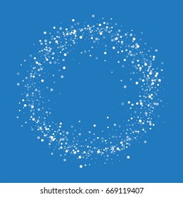 Random falling white dots. Ring frame on blue background. Vector illustration.