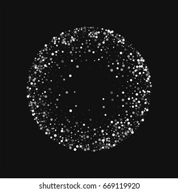 Random falling white dots. Round frame with random falling white dots on black background. Vector illustration.