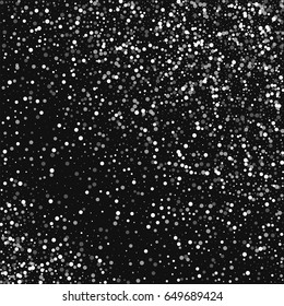 Random falling white dots. Random scatter with random falling white dots on black background. Vector illustration.