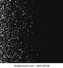 Random falling white dots. Scatter left gradient with random falling white dots on black background. Vector illustration.