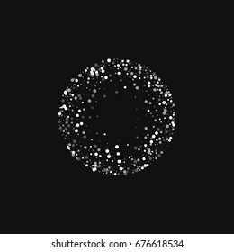 Random falling white dots. Small round frame with random falling white dots on black background. Vector illustration.