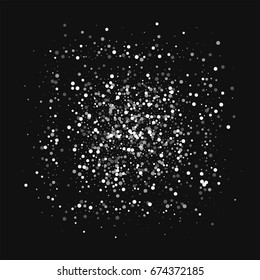Random falling white dots. Square shape on black background. Vector illustration.
