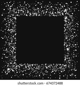 Random falling white dots. Square messy frame on black background. Vector illustration.