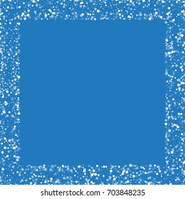 Random falling white dots. Square scattered border on blue background. Vector illustration.