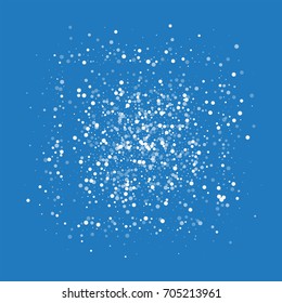 Random falling white dots. Square shape on blue background. Vector illustration.