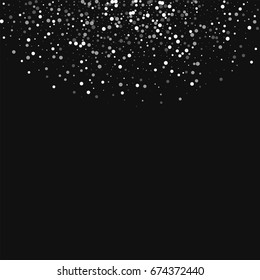 Random falling white dots. Top semicircle on black background. Vector illustration.