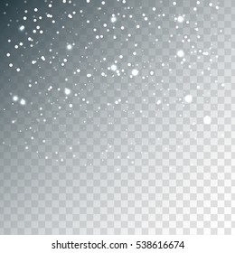 Random falling white snowflakes transparent sparkle background. Abstract pattern. Glitter banner greeting, Christmas, New Year card, invitation, postcard. Shimmer vector illustration sparkling lights