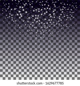 Random falling white star snowflakes transparent background. Glitter banner for greeting.