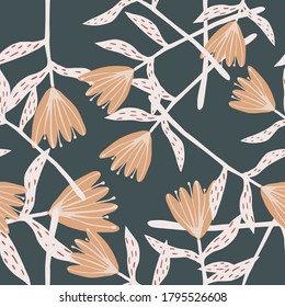 Random flowers abstract shapes seamless pattern. Pastel white and orange ornament on dark background. Great for wrapping paper, textile, fabric print and wallpaper. Vector illustration.