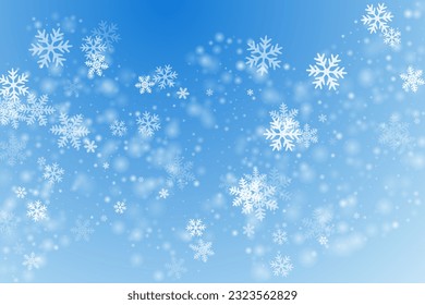 Composición de copos de nieve volando al azar. Elementos de congelación de la comprobación del invierno. Diseño azul blanco con clima de nieve. Vívido copos de nieve de febrero de textura. El paisaje natural de la nieve.