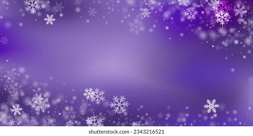 Composición de copos de nieve volando al azar. Partículas de hielo especk de invierno. El fondo blanco morado del cielo de la nieve. Fuerte copo de nieve hace textura de febrero. El paisaje natural de la nieve.