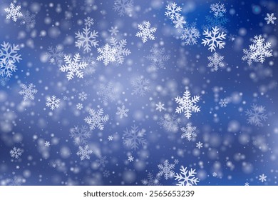 Random flying snowflakes composition. Wintertime fleck ice elements. Snowfall sky white blue background. Rime snowflakes new year theme. Snow nature landscape.