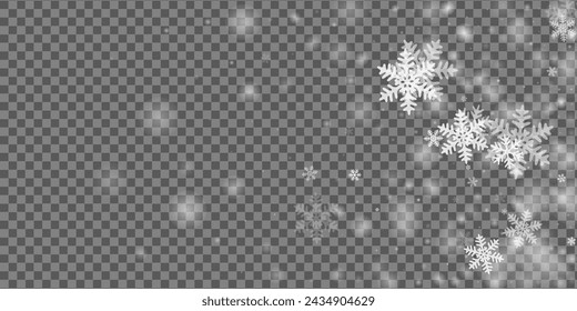Random flying snowflakes illustration. Snowfall speck ice elements. Snowfall sky white transparent design. Vivid snowflakes christmas vector. Snow cold season scenery.
