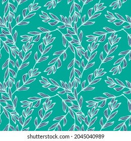 Random forest branch with leaves seamless pattern. Foliage backdrop. Nature wallpaper. For fabric design, textile print, wrapping, cover. Vector illustration.