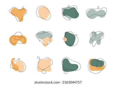 Random free form abstract color silhouette set on white background, with line. Organic shape, blob, blot, spot, splodge. Irregular blob form and outline decoration. Vector illustration
