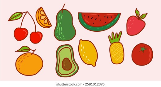 random fruits vector illustration, doodle fruits, cute fruits