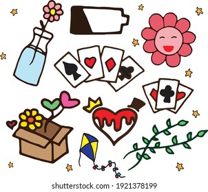 random fun clipart on white background. flower, low battery, flower, balloon, box, kite, heart, leaf, and playing card. hand drawn vector. doodle fun for kids, wallpaper, cover, banner, poster.
