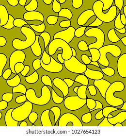 Random geometric seamless pattern. Irregular intricate overlay of yellow shapes with black strokes on green background. Simple scribble groovy stains lines for wallpaper textile fabric wrapping paper