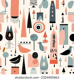 Random Geometric Shapes Abstract Scandinavian Design Seamless Pattern Wallpaper Background Birds Cats Trees Plants