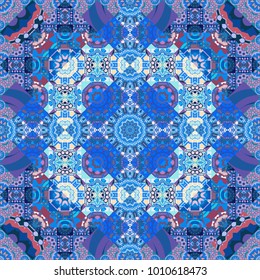 Random geometric shapes seamless pattern in violet, purple and blue colors. Creative, luxury style. Print card, cloth, shirts, dress, wrapper, cover. Geometrical simple vector art.