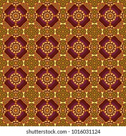 Random geometric shapes seamless pattern in red, brown and yellow colors. Print card, cloth, shirts, dress, wrapper, cover. Geometrical simple vector art. Creative, luxury style.