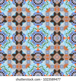 Random geometric shapes seamless pattern in orange, blue and brown colors. Geometrical simple vector art. Creative, luxury style. Print card, cloth, shirts, dress, wrapper, cover.