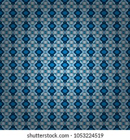 Random geometric shapes seamless pattern in blue, white and black colors. Print card, cloth, shirts, dress, wrapper, cover. Geometrical simple vector art. Creative, luxury style.