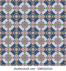 Random geometric shapes seamless pattern in gray, violet and blue colors. Geometrical simple vector art. Creative, luxury style. Print card, cloth, shirts, dress, wrapper, cover.