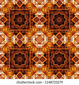 Random geometric shapes seamless pattern in brown, orange and black colors. Creative, luxury style. Geometrical simple vector art. Print card, cloth, shirts, dress, wrapper, cover.