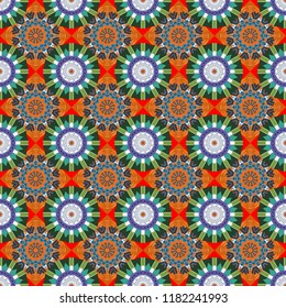 Random geometric shapes seamless pattern in orange, green and blue colors. Creative, luxury style. Geometrical simple vector art. Print card, cloth, shirts, dress, wrapper, cover.