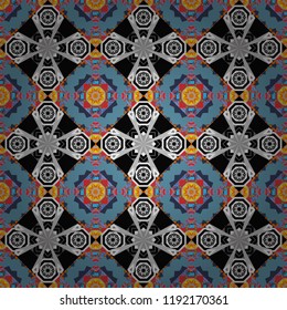 Random geometric shapes seamless pattern in gray, black and blue colors. Creative, luxury style. Print card, cloth, shirts, dress, wrapper, cover. Geometrical simple vector art.