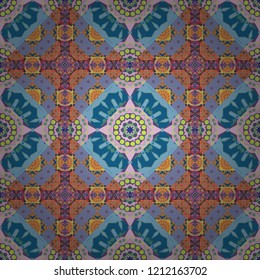 Random geometric shapes seamless pattern in pink, orange and blue colors. Geometrical simple vector art. Creative, luxury style. Print card, cloth, shirts, dress, wrapper, cover.