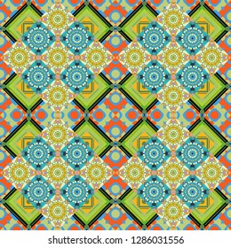 Random geometric shapes seamless pattern in green, blue and yellow colors. Geometrical simple vector art. Print card, cloth, shirts, dress, wrapper, cover. Creative, luxury style.